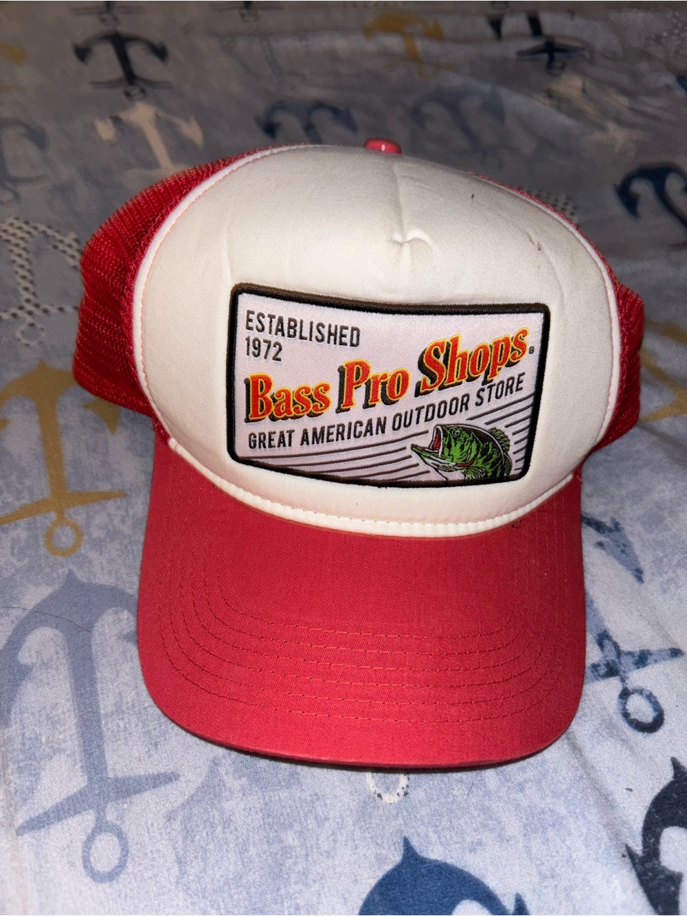 Bass Pro Shops Red and White Trucker Hat with Logo Patch